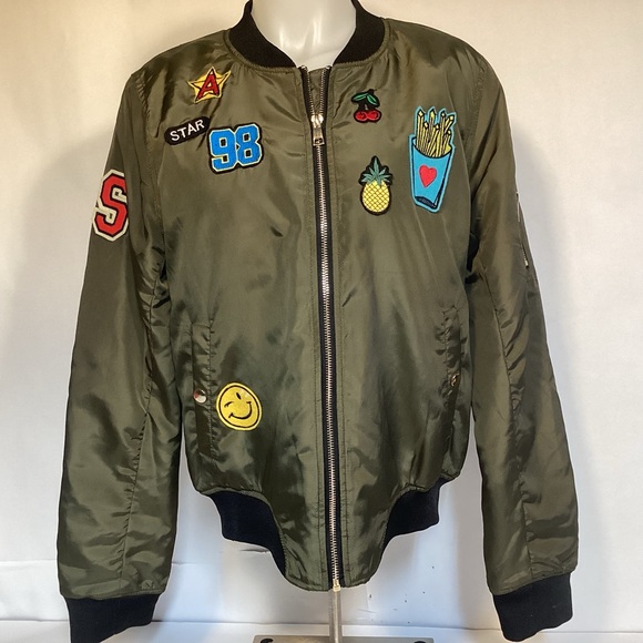 Sebby Olive Green Bomber Jacket with Patches Women’s size Large - Picture 2 of 14